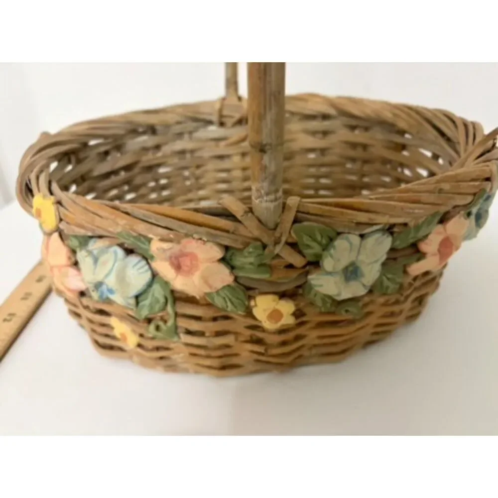 vtg. Woven Basket with ceramic flowers